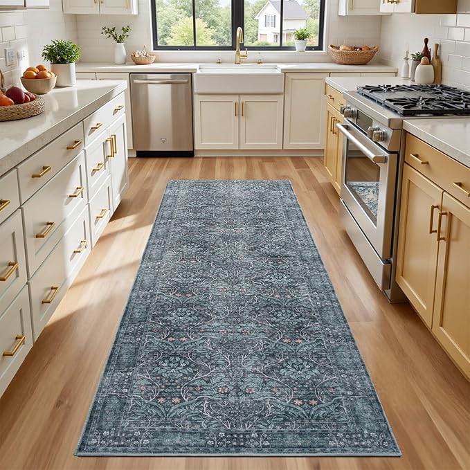 Retro Green Runners for Hallways,2x6 Washable Kitchen Runner Rug,Vintage Soft Low Pile Long Carpet for Kids Room Non-Slip Stain Resistant Runner for Bathroom Hall Kitchen Office Stair