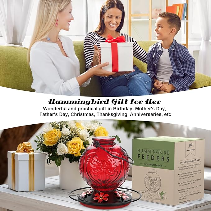 Glass Hummingbird Feeder for Outdoors Hanging, 25Oz Humming Bird Nectar Feeders with Perch & 5 Flower Feeding Ports, Leak Proof for Outside Garden Decor, Gifts for Women (Red)