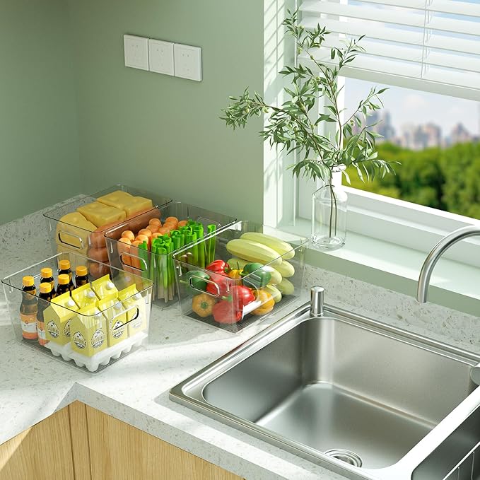 BALEINE Clear Plastic Storage Bins, Pantry Organization, BPA Free Stackable Refrigerator Organizers and Storage with Handles for Kitchen Fridge Cabinet Bathroom (6PK, 11x7.5x6)