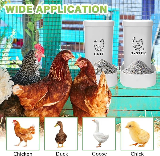 2 Pack Chicken Oyster Shell Feeder, Grit Feeder with Lid, Hanging Gravity Chicken Poultry Feeders Trough, Coop Accessories Supplies