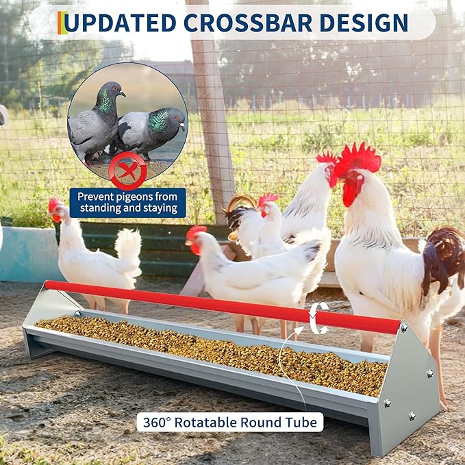 GarveeLife Large Chicken Feeder Trough 45" Long, Heavy Duty Galvanized Steel Metal Feeder for Chicken, Duck with Drainage Holes & Crossbar, Poultry Feeding Trough Red