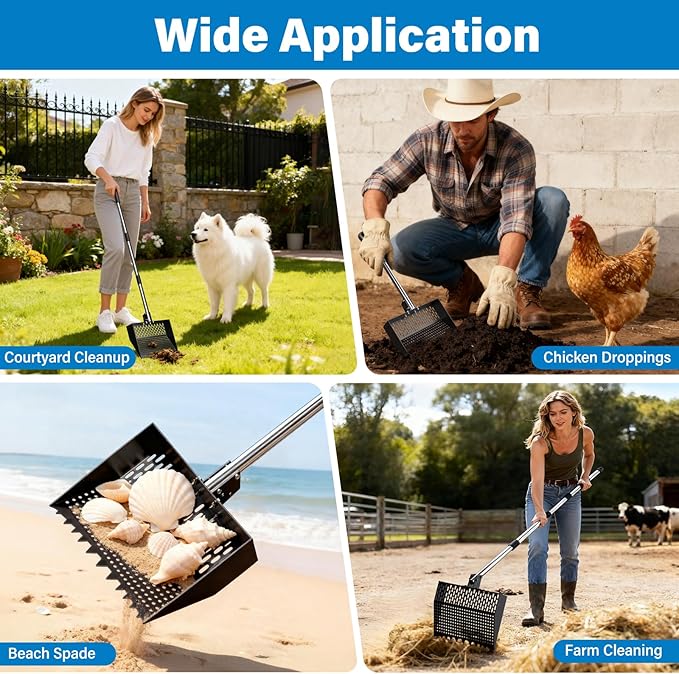 12-Inch 2-in-1 Chicken Poop Scooper & Rake, Chicken Coop Scoop with Adjustable Stainless Steel Handle (24–64"), 3 Angles & 2 Sifting Holes, Litter Scoop Sand Sifting Shovel Pooper Scooper (Black)