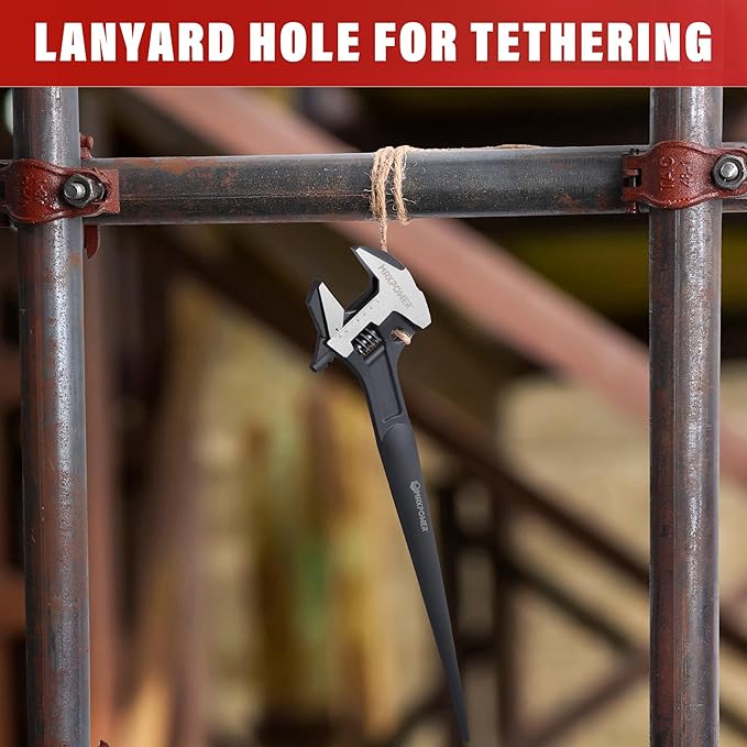 MAXPOWER 16-inch Adjustable Construction Spud Wrench, 4 in 1 Multifunctional Use for Spud Wrench, Adjustable Wrench and Hammer, Max Jaw Capacity Ups to 1.57"