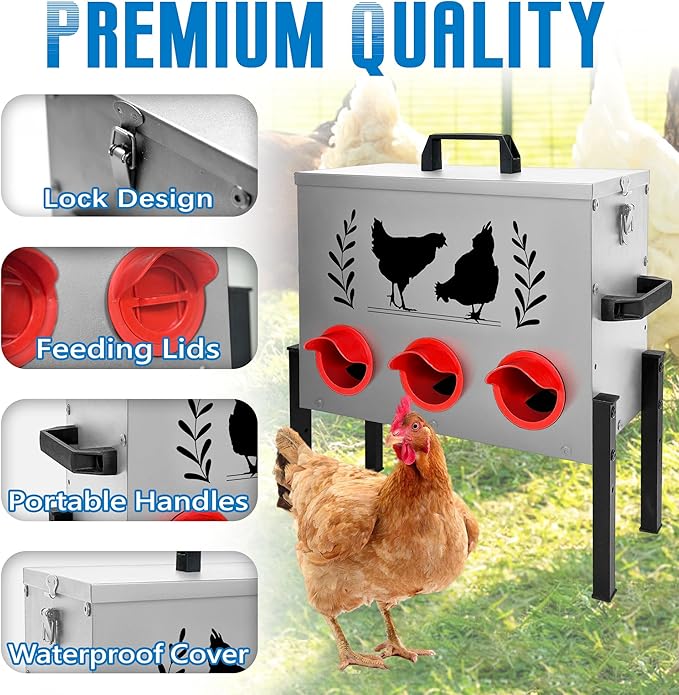 Chicken Feeders, 30 lb Capacity 6 Port Automatic Chicken Feeder, Metal Chick Feeder with Locking Lid and Legs, Chicken Feeder for Chickens, Ducks, Geese,Silver