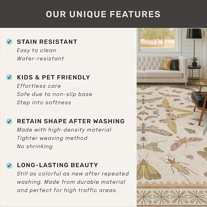 Washable Neutral Area Rug Living Room, 5x8 Washable Rugs for Bedroom Under Bed, Nursery Room, Boho Vintage Insect Butterfly Non-Slip Low Pile Stain Resistant - Beige/Yellow