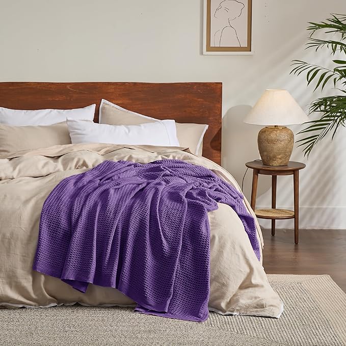 Bedsure Gentlesoft 100% Cotton Blanket King Size for Bed - Breathable and Soft, Thick Cozy Waffle Weave Christmas Blanket Gift for Women, Purple, 104x90 inches