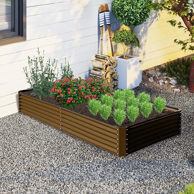 Domi 8x4x1.5ft Metal Raised Garden Beds Outdoor, Thickened Galvanized Steel Deep Root Planter Box with Stabilizing Bars & Rubber Edging for Vegetables, Flowers, Herbs - Brown