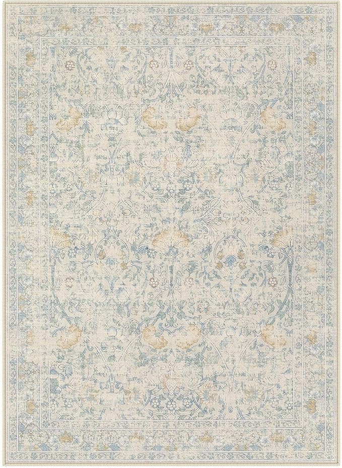 4x6 Area Rug Living Room Rugs - Washable Boho Vintage Floral Large Soft Non Slip Thin Rug Low Pile Carpet for Bedroom Dining Room Kids Playroom Office Decor Indoor- Light Blue