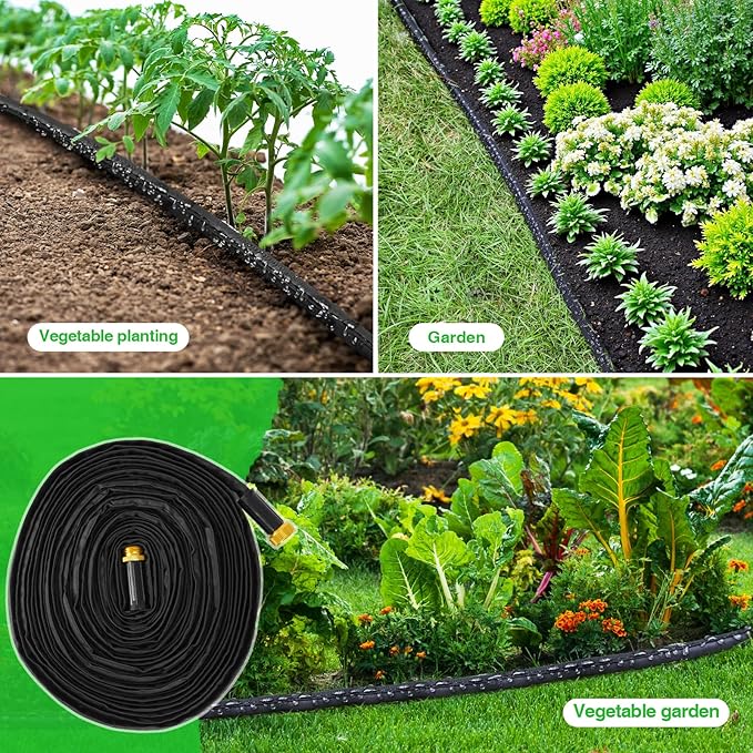 Mixc 2025-Thickened Flat Soaker Hose 100Ft with Copper Joint,Aluminum Seal,1mm Thickened Hose,360°Swival Handle and Inlet,Hole Pressure Relief Gasket,Drip Kit for Vegetable Garden,Lawn,Flower Bed