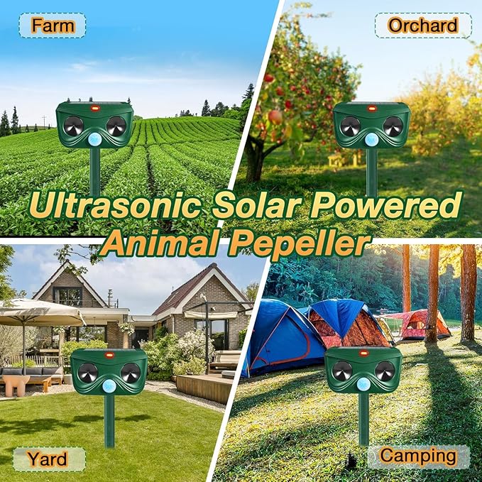 4 Pack Ultrasonic Animal Repellent Cat Repellent Outdoor Solar Animal Deterrent Deer Repellent Devices Motion Activated Scare Cat Dog Skunk Deer Rabbit Squirrel Mouse for Garden Yard