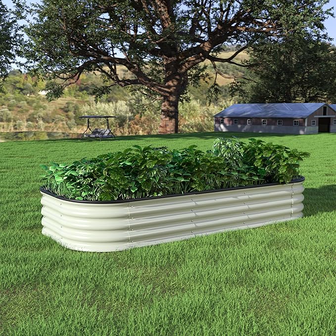 MUPATER 6x3x1FT Galvanized Raised Garden Beds, 11”H Metal Planter Box for Outdoor Plants, Oval Many-in-1 Modular Garden Bed Kit for Herbs and Flowers, Garden, Beige