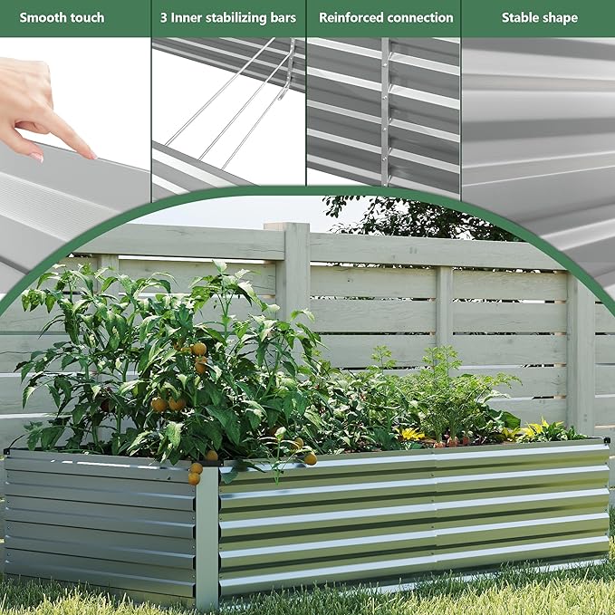 FOOWIN 2pcs 8x4x3ft Galvanized Raised Garden Bed, Planter Raised Garden Boxes Outdoor, Large Metal Raised Beds for Gardening, Garden Bed for Vegetables, Flowers, Herb, Silver