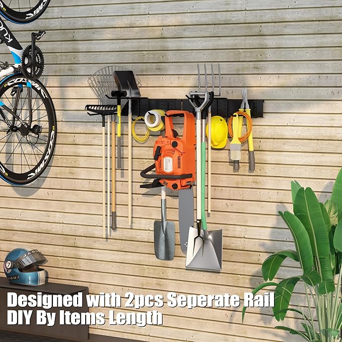 32 Inches Garage Organization,Wall Mount Garden Tool Organizer, 440lbs Adjustable Heavy Duty Metal Hanging Hooks, Garden Tool Hangers Storage Rack for Garage, Yard, and Shed (2 Racks, 6 Hooks)