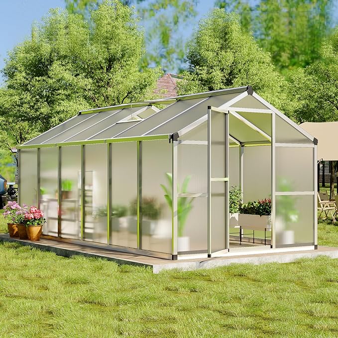 8x12 FT Greenhouse, Easy Assembly Aluminum Polycarbonate Greenhouses for Outdoors with Roof Vent, Large Aluminum Walk-in Greenhouse for Sunroom Patio, Backyard, Garden, Sliding Lockable Door, Silver