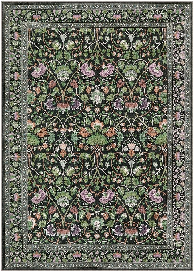 2x3 Area Rug Living Room Rugs - Washable Boho Vintage Floral Large Soft Non Slip Thin Rug Low Pile Carpet for Bedroom Dining Room Kids Playroom Office Decor Indoor- Green Dark