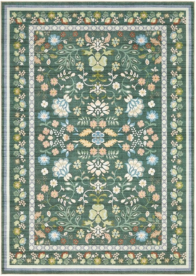 5x7 Area Rug Living Room Rugs - Washable Boho Vintage Floral Large Soft Non Slip Thin Rug Low Pile Carpet for Bedroom Dining Room Kids Playroom Office Decor Indoor- Green