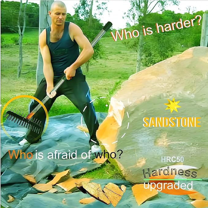 15" Heavy Duty Thatch Rake - Metal Dethatcher with Strong Handle for Lawn Yard Leaf Weed & Soil Loosening (Yellow-tine29)