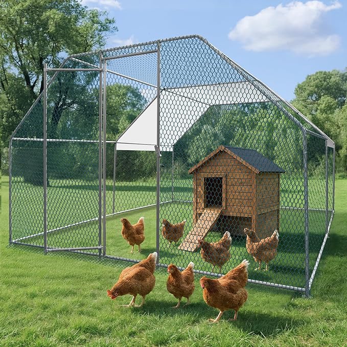 VINGLI Chicken Coop, Large Metal Poultry Cage for Chicken Run, Walk-in Chicken Pen with Waterproof & Anti-UV Cover Outdoor (Silver-Flat Roof, 13.1 * 9.8 * 6.5 ft)