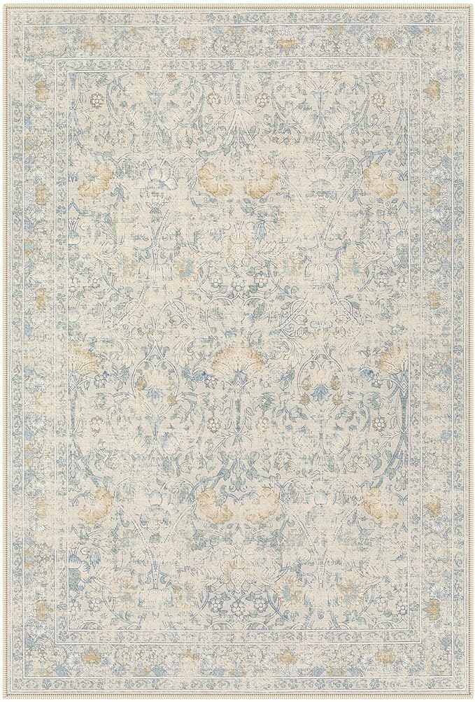 2x3 Area Rug Living Room Rugs - Washable Boho Vintage Floral Large Soft Non Slip Thin Rug Low Pile Carpet for Bedroom Dining Room Kids Playroom Office Decor Indoor- Light Blue