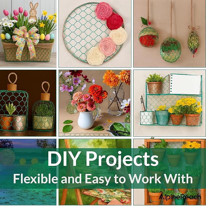 AlpineReach Chicken Wire 1.3ft x 27ft (15.6" x 324") for Floral Arrangements, Zip Ties - Green Mesh Roll Galvanized Hexagonal PVC Coated Garden Netting for Fencing, Crafts, Poultry, Gardening Fence