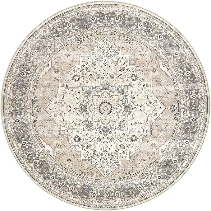 Washable 5 Ft Round Area Rug - 5x5 Area Rugs for Living Room Bedroom Dining Room Home Office Floor Decor- Vintage Floral Stain & Fade Resistant Non-Slip Backing Carpet (Camel/Beige)