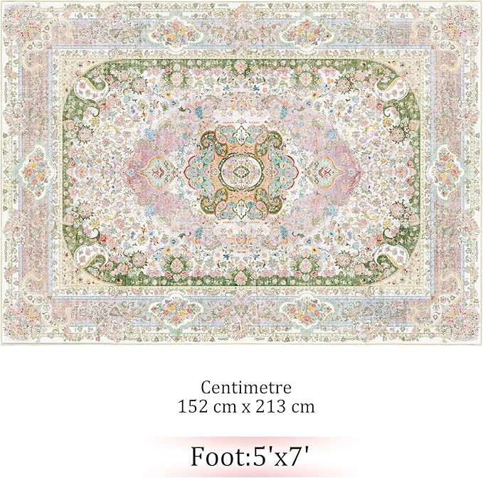 5x7 Area Rugs Washable,Pink Rug for Living Room Bedroom Kitchen,Large Boho Vintage Bohemian Distressed Carpet Non Slip,Blush Green