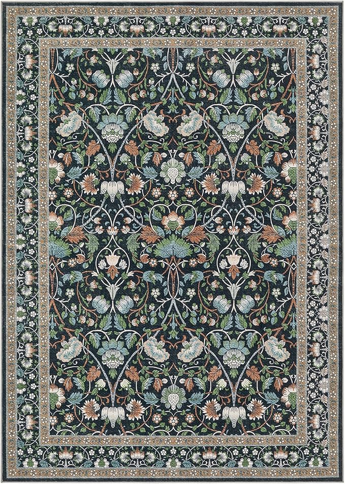 5x7 Area Rug Living Room Rugs - Washable Boho Vintage Floral Large Soft Non Slip Thin Rug Low Pile Carpet for Bedroom Dining Room Kids Playroom Office Decor Indoor- Black Blue