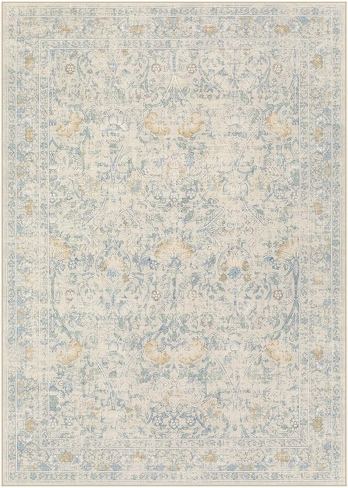 5x7 Area Rug Living Room Rugs - Washable Boho Vintage Floral Large Soft Non Slip Thin Rug Low Pile Carpet for Bedroom Dining Room Kids Playroom Office Decor Indoor- Light Blue