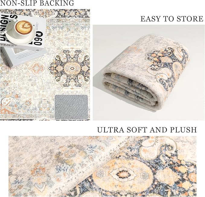 Vantage Rug 3x5,Washable Area Rugs for Bedroom Living Room Kitchen Entryway,Small Boho Bohemian Distressed Non Slip Carpet,Retro Blue Grey Floral