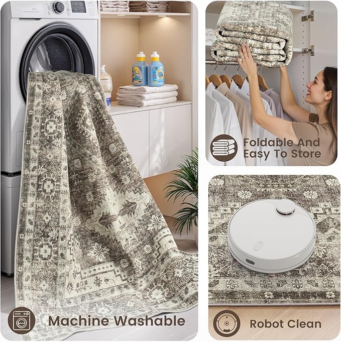 Rugland 8x10 Area Rugs - Stain Resistant Washable Rug, Anti Slip Backing Rugs for Living Room, Vintage Tribal Area Rugs (TPR07-Ivory, 8'x10')
