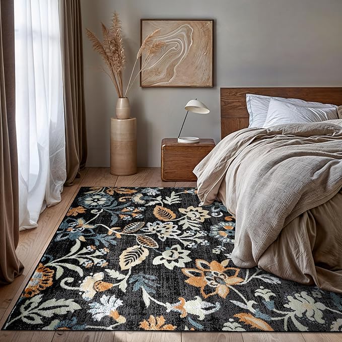 Rugshop Vine Floral Area Rug Modern for Living Room, Bedroom, or Entryway Black Multi 5' x 7' Black