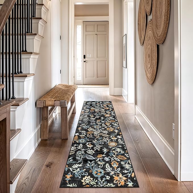 Rugshop Vine Floral Modern for Living Room, Bedroom, or Entryway Black Multi Area Rug 2' 3" x 8' Runner Black