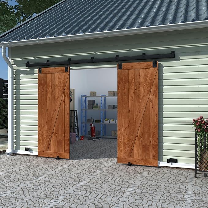 10FT Black Box Rail Exterior Barn Door Hardware Track Kit for 2 Doors, Heavy Duty Barn Door Track Set, Wall Mount Outdoor Weatherproof Double Door Hardware with 7 Track Brackets(No Doors)