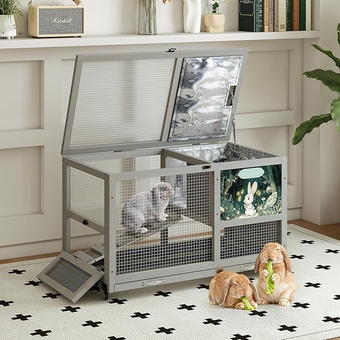 COZIWOW 36.5-Inch Double-Decker Wooden Insulated Rabbit Hutch with Wheels, Heated Rabbit Cage Featuring A Cleaning Tray and Ladder—Stylish&Easy to Assemble(Grey and Warm)