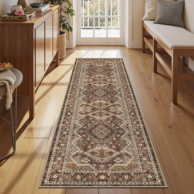 Rugland 2'6x8' Runner Rug, TPR07-Rust, Vintage Tribal, Stain Resistant, Anti-Slip Backing, Machine Washable, Low Pile, Indoor, Rug
