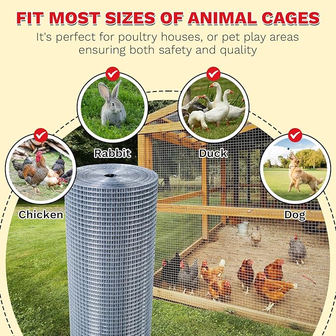 Hardware Cloth,1/4inch 24inx50ft 23 Gauge,Double-Layer Hot-Dip Galvanizing After Welding,Chicken Wire Fence Wire Mesh Fence Poultry Netting Garden Fence Tree Guard Rolls