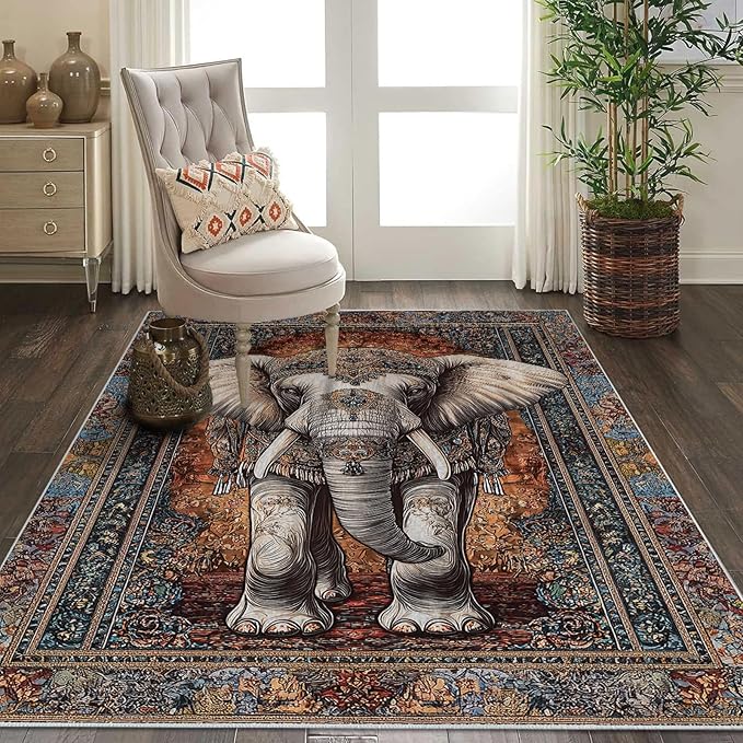 8x10 Elephant Area Rugs Boho Elephant Rug for Living Room Indoor Soft Non-Slip Thin Large Carpet Vintage Rugs for Bedroom Home Decor Under Table Washable Machine