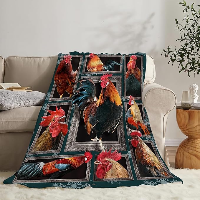Rooster Throw Blanket - Chicken Farm Animal Decor for Girls Boys Women Men Kids Adults - Soft Warm Cozy Fleece for Couch Sofa Bed 50"x40"