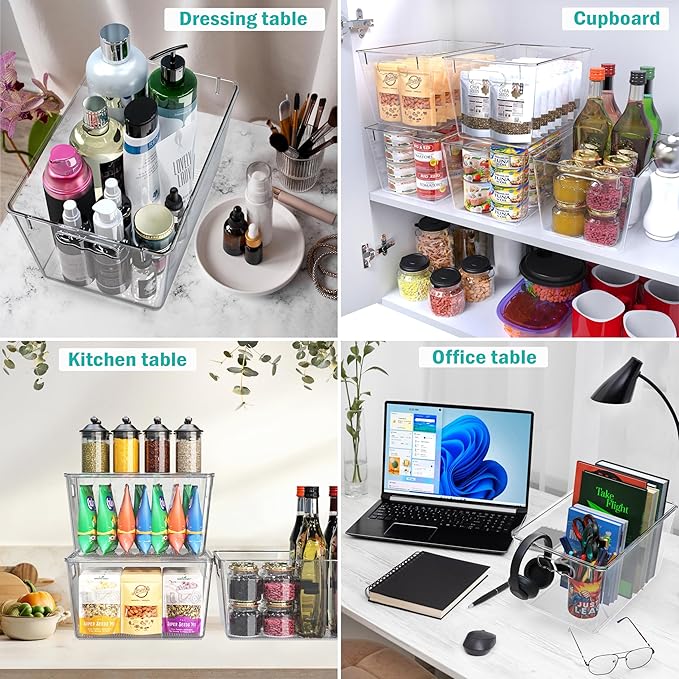 YAN & HIN 8 pcs/set Large Clear Cabinet Storage Bins with Lids - Stackable, Transparent Pantry Storage with Handles, Freezer Plastic Containers (11 "L x 7.5" W x 6.1 "H)