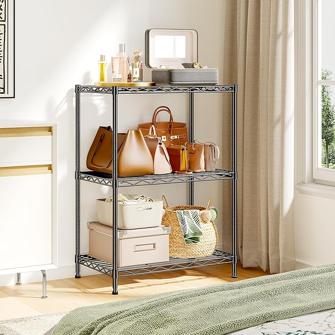 35.4''H Shelf 3 Tier Storage Shelves Metal Shelving,Adjustable Small Wire Shelving Unit,Utility Steel Shelving Organizer Storage Rack for Kitchen Bedroom Laundry Pantry Office,17.7''Wx11.8''D,Black