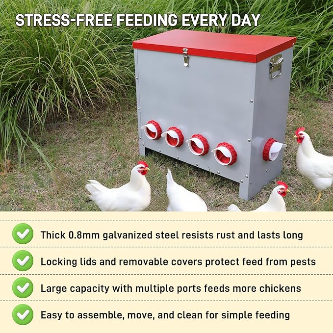 Large 85LB Automatic Chicken Feeder No Waste, Rat Proof Metal Poultry Feeder with 8 Feeding Ports, Rust-Proof Galvanized Steel Auto Chicken Feeder with Locking Lid for Chickens, Geese, Duck & Poultry
