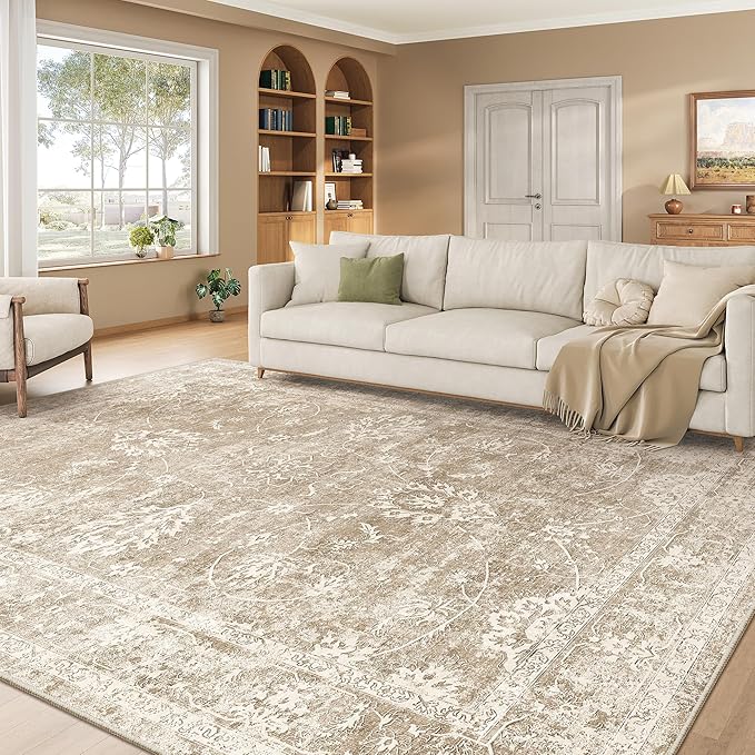 Madane 8x10 Area Rugs for Living Room, Machine Washable Vintage Rug with Non-Slip Backing, Soft Floral Print Large Throw Rugs, Thin Carpet for Bedroom Dining Room Farmhouse (8 x 10, Brown/Sand)