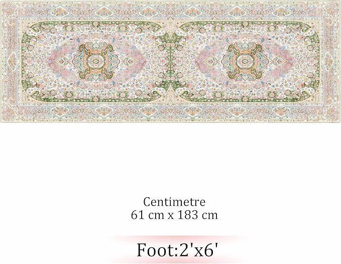 Washable Runner Rug 2x6,Pink Rug Runners Non Slip,Long Boho Rugs for Hallways Kitchen Bedroom Entryway Living Room Bathroom,Vintage Bohemian Distressed Floor Carpet,Blush Green