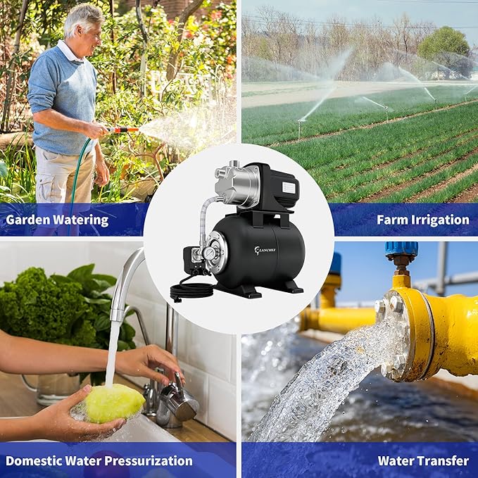 LANCHEZ 1.6HP Shallow Well Pump with Pressure Tank, 115V 1340GPH Automatic Irrigation Water Booster Jet Pump, Stainless Steel Water Transfer Pump for Home Garden Lawn Sprinkler Irrigation, Matte