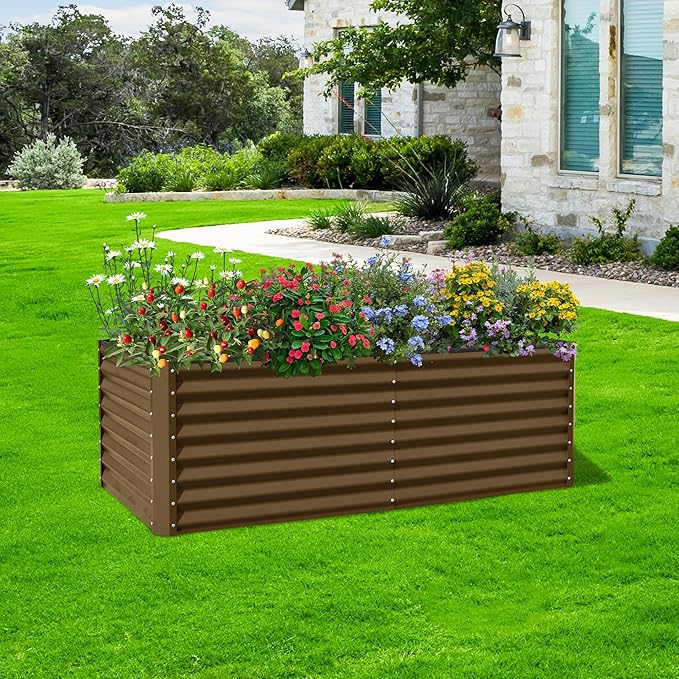 Domi 6x3x2ft Metal Raised Garden Beds Outdoor, Thickened Galvanized Steel Deep Root Planter Box with Stabilizing Bars & Rubber Edging for Vegetables, Flowers, Herbs - Brown