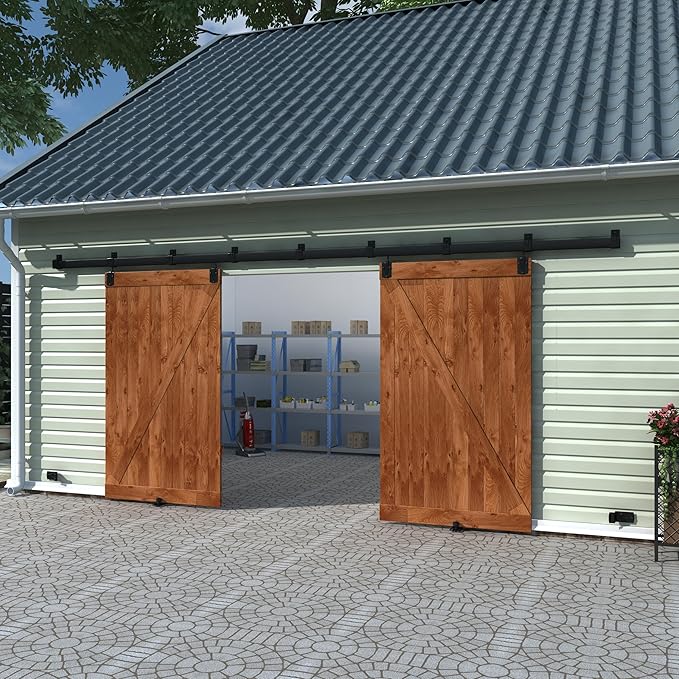 14FT Black Box Rail Exterior Barn Door Hardware Track Kit for 2 Doors, Heavy Duty Barn Door Track Set, Wall Mount Outdoor Weatherproof Double Door Hardware with 7 Track Brackets(No Doors)