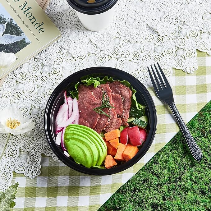 FULING 38 oz 150 ct Round Meal Prep Containers with Lids Plastic Food Storage To Go Lunch Plan Box Disposable Take Out Bowls Black BPA Free Reusable Durable Stackable Microwave Freezer Dishwasher Safe