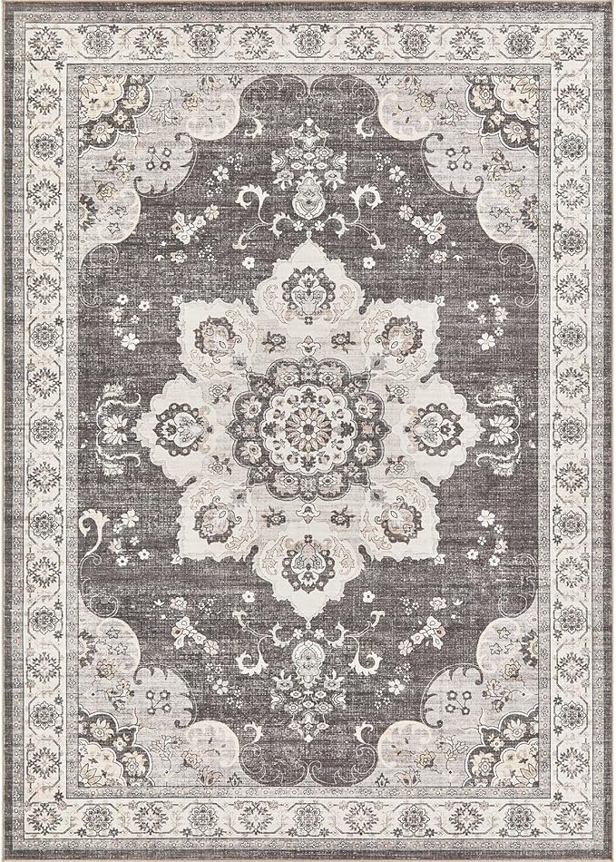 Area Rug for Living Room - 10x14 Soft Washable Oriental Vintage Floral Distressed Large Carpet - Fade Stain Resistant Non Slip Rugs for Bedroom Dining Room Nursery Dorm Office Home Decor - Brown/Grey