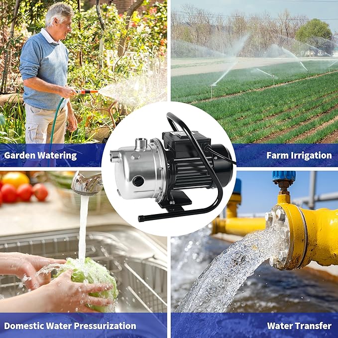 LANCHEZ 1.6 HP Portable Shallow Well Pump, 1162 GPH Stainless Steel Sprinkler Pump, 115V Water Transfer for Garden Draining and Lawn Irrigation