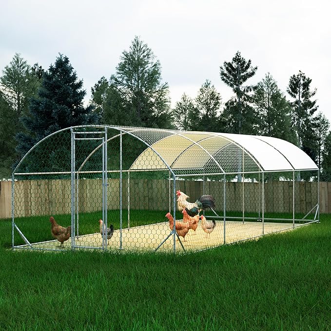 Large Metal Chicken Coop, Walk-in Chicken Run Cages with Waterproof and Anti-Ultraviolet Cover for Outside(10' L x 26 W x 6.56' H) Dome Top